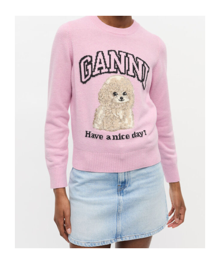 Ganni Womens Chalk Pink Poodle Logo-motif Wool-blend Knit Jumper Xs In Pink