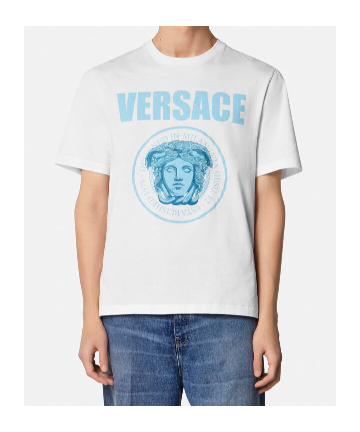Versace White Crewneck T-shirt With Maxi Logo Print On The Front In Cotton Man