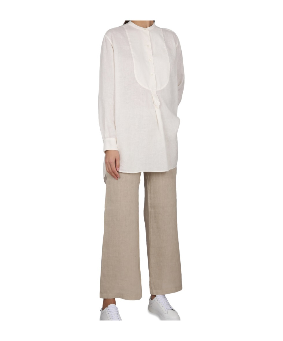 Shop Aspesi Collarless Linen Shirt In Ivory