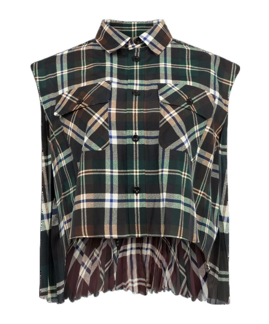 Sacai Womens Plaid-print Pleated Sleeveless Woven Shirt Green Brown In Green/brown