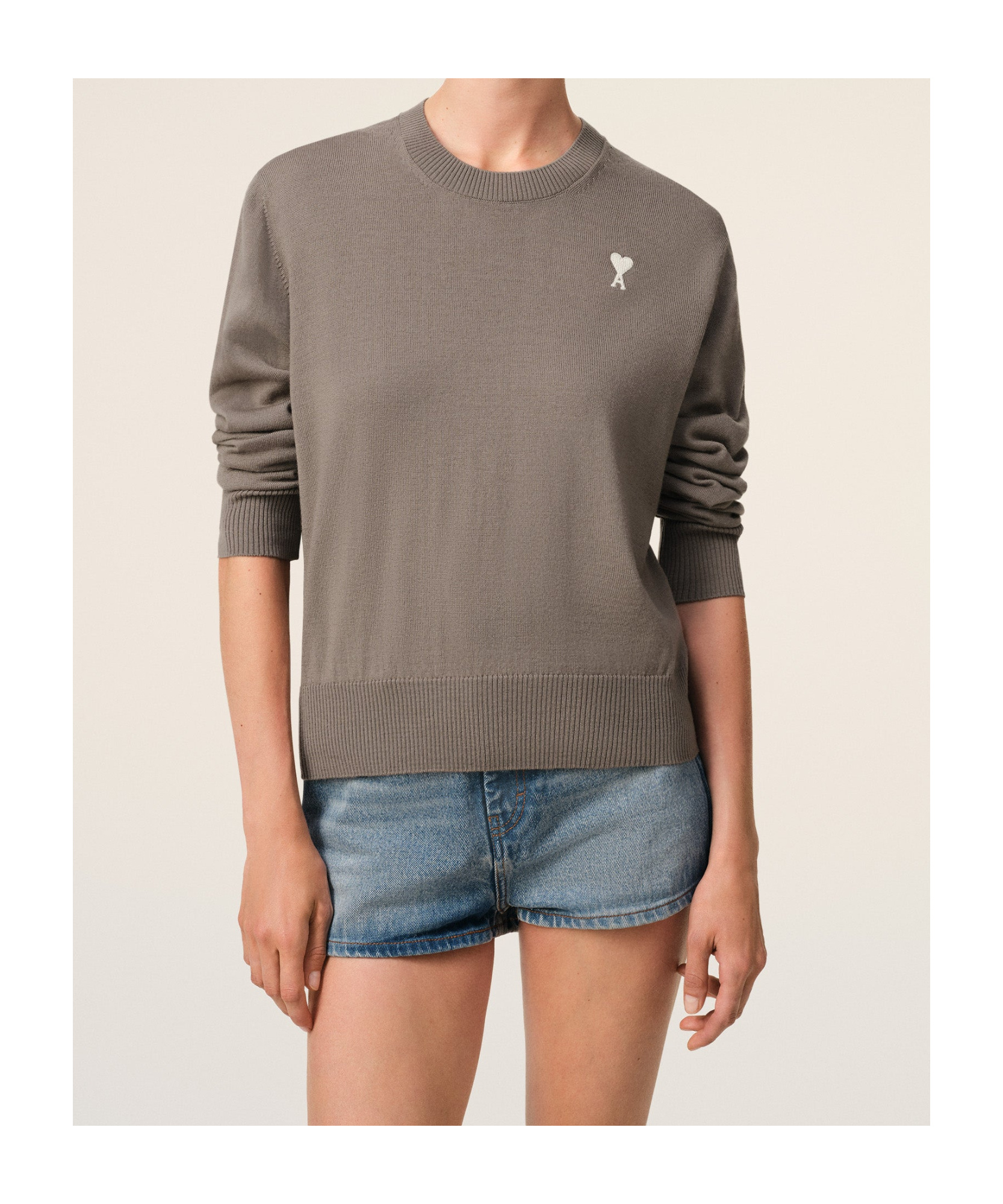 Ami Alexandre Mattiussi Beige Wool Ami De Coeur Crew Neck Sweater Grey In Gray