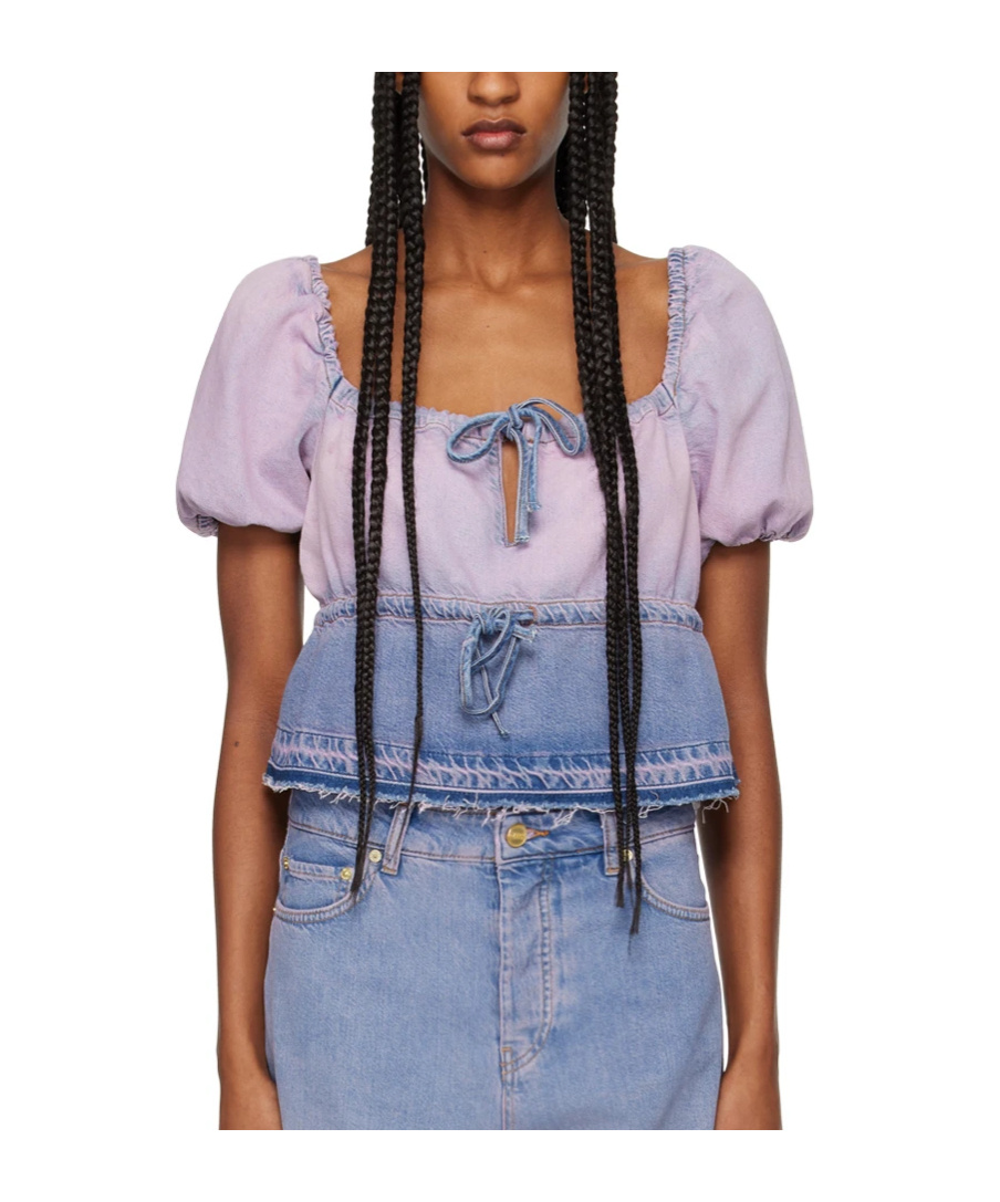 Shop Ganni Purple Bleach Future Denim Puff Sleeve Top In Multicolor