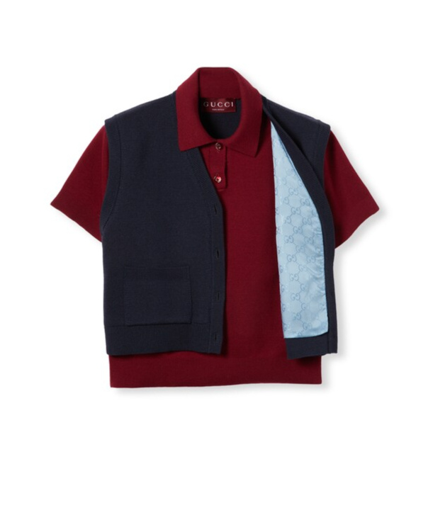 Gucci Wool Silk Polo Top With Vest Overlay In Blue