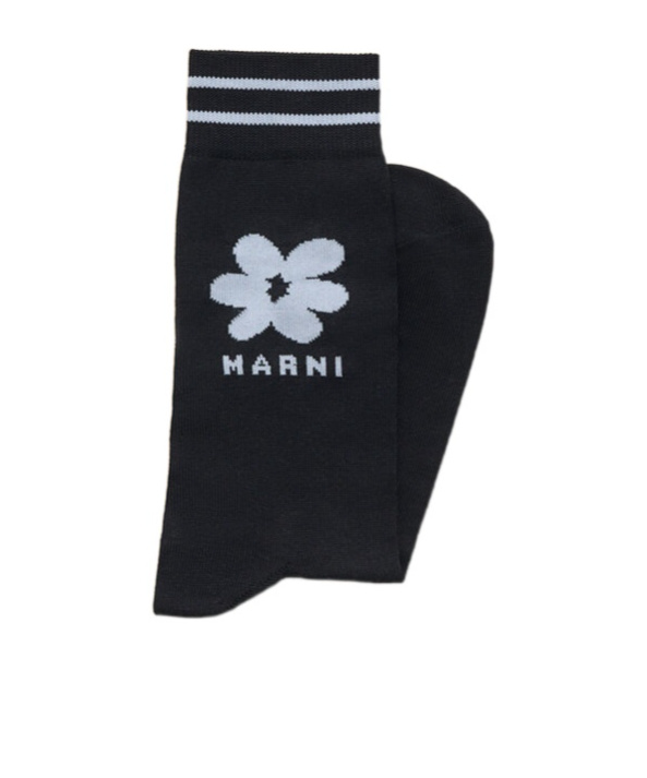 MARNI BLACK COTTON SOCKS WITH LIGHT BLUE JACQUARD FLOWER DETAIL