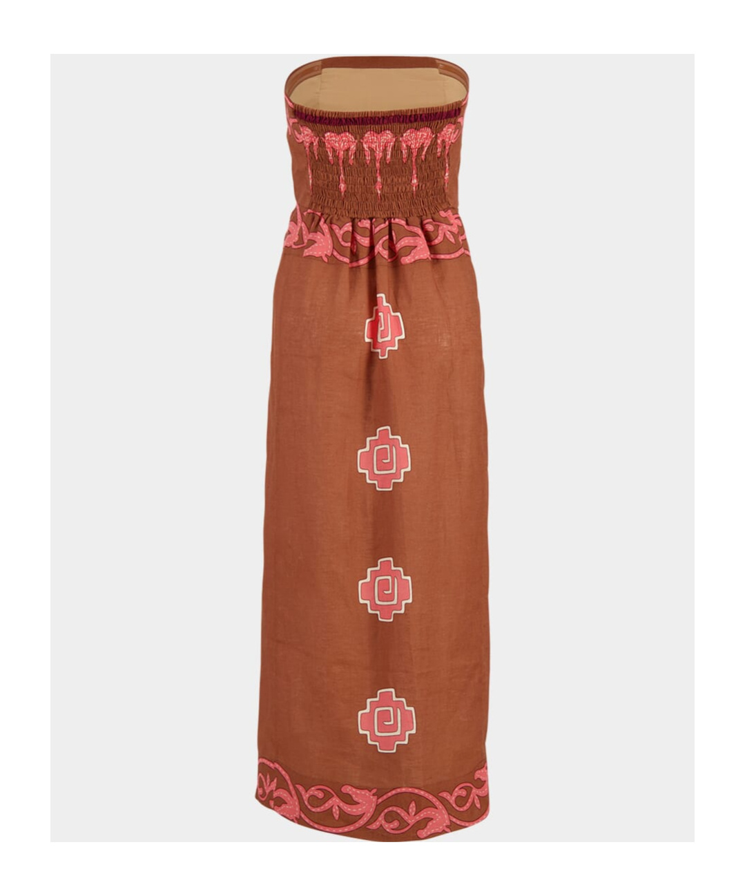 Johanna Ortiz Ancient Strapless Wrap-effect Printed Linen Midi Dress In Brown