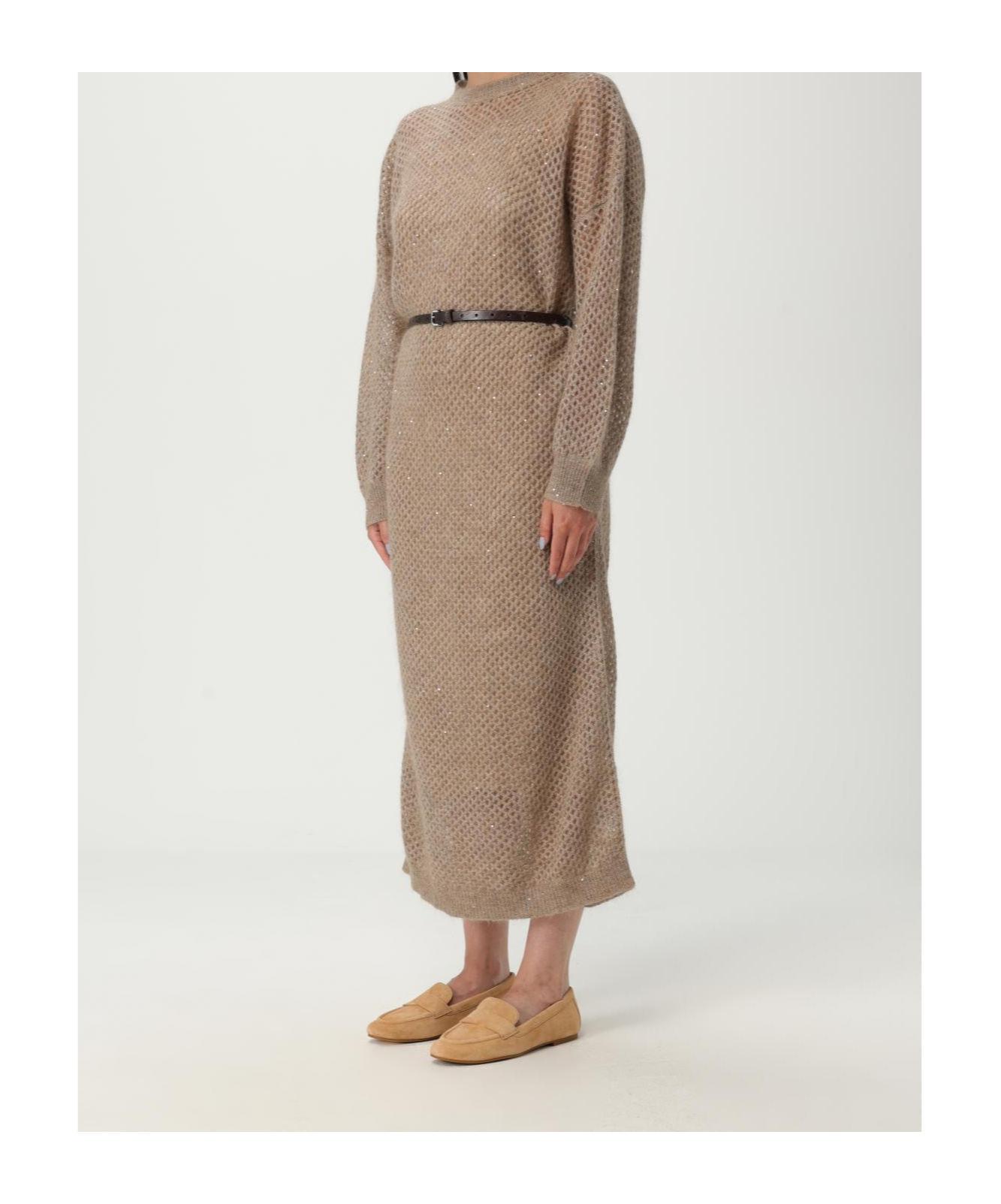 Brunello Cucinelli Knitted Midi Dress Dresses Beige In Nude