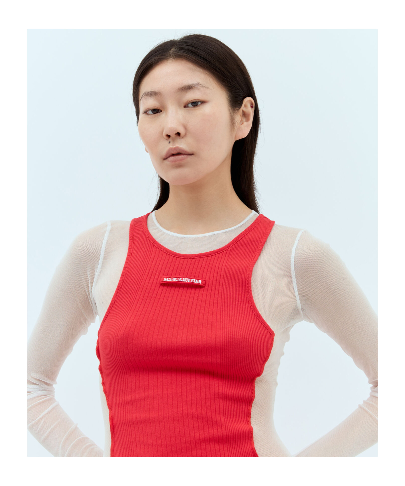 Jean Paul Gaultier Layered Ribbed Cotton-jersey And Mesh Maxi Dress In Red