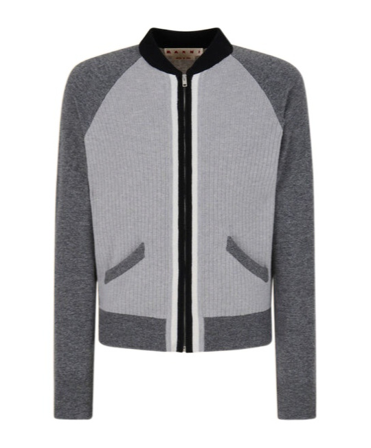 Marni Grey Wool Cardigan With Bomber Neck In Gray