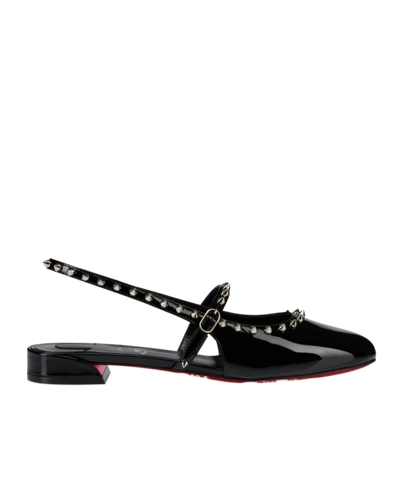 Christian Louboutin Sweet Janispikes Studded Patent-leather Slingback Flats In Black