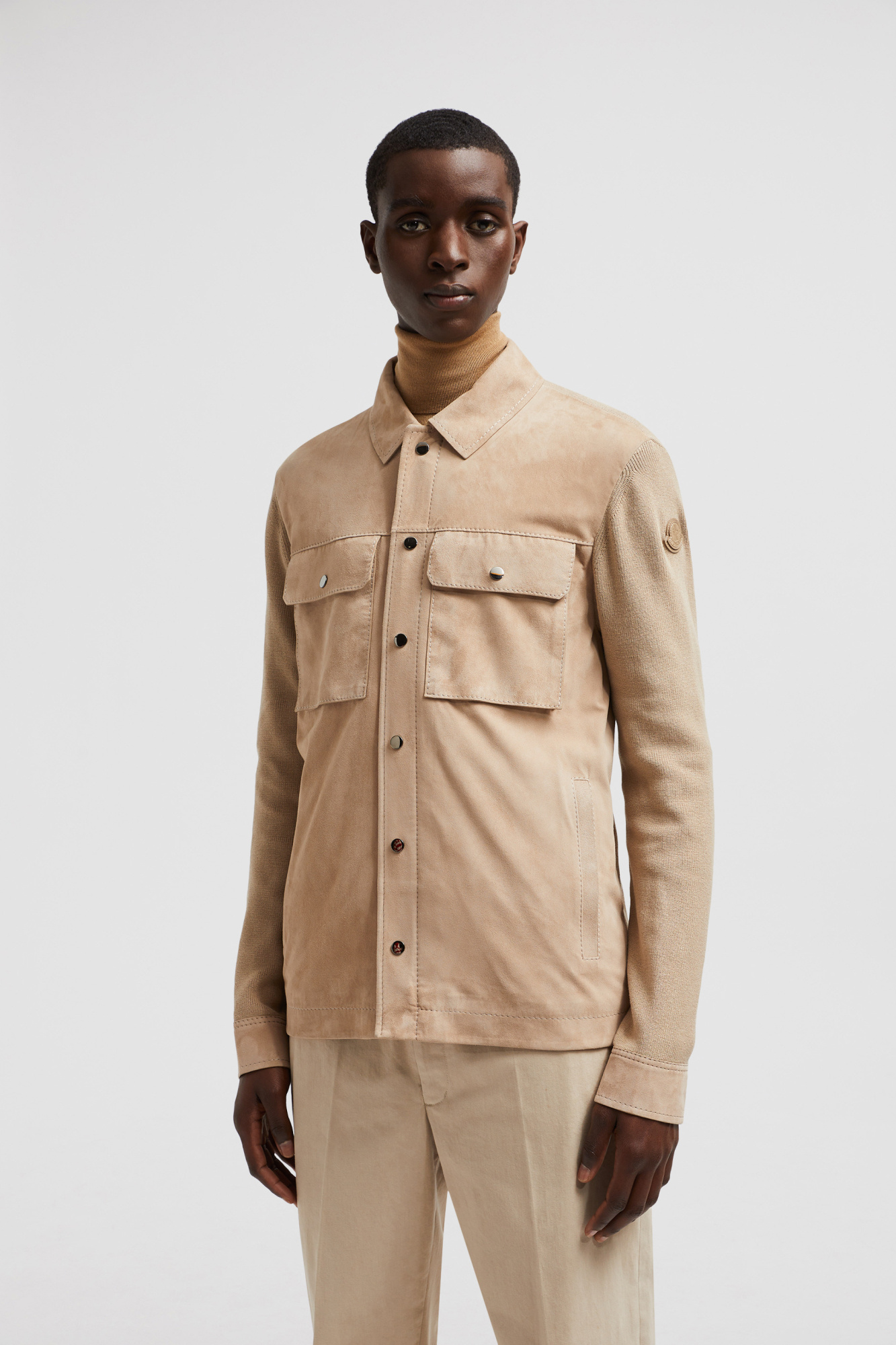 Moncler Knitted Cotton & Suede Cardigan Jacket In Nude