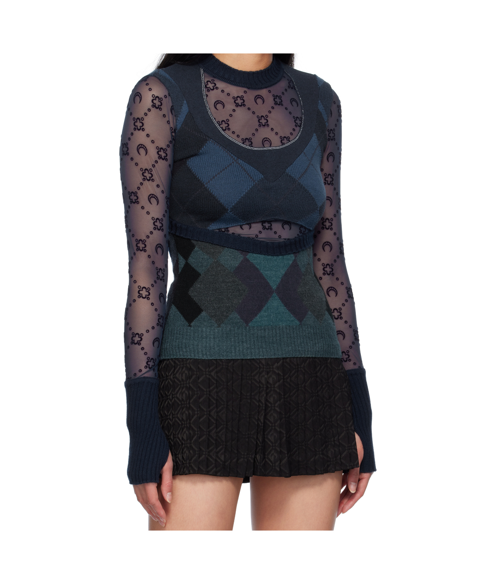 Marine Serre Navy Upcycled Argyle Knit Fitted Sweater In Black