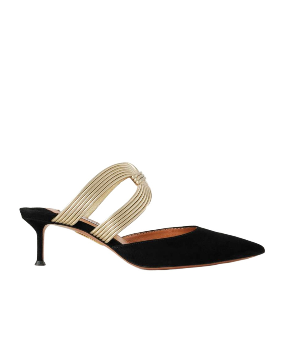 Aquazzura Escenia 50 Two-tone Metallic And Suede Mules In Black