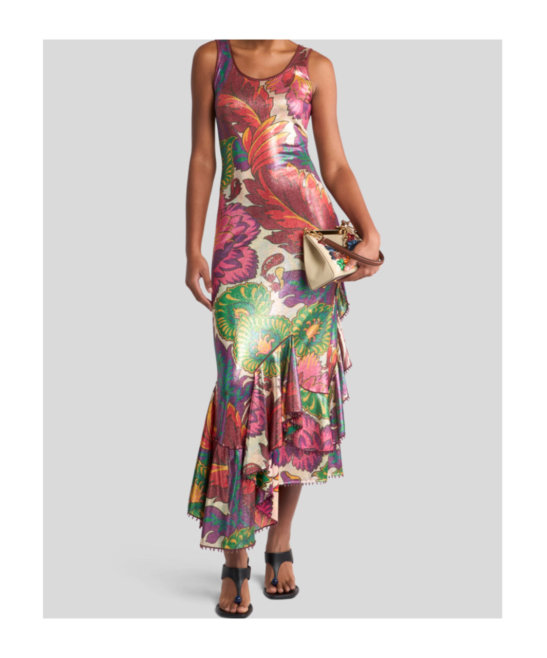 Shop Etro Laminated Jersey Dress With Maxi Floral Print In Red