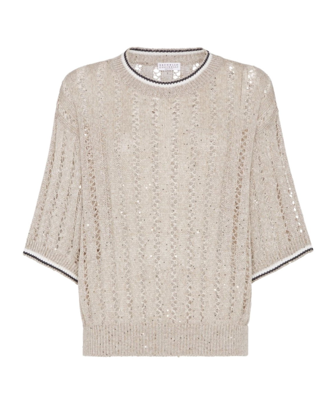 Brunello Cucinelli Sequined Open-knit Linen-blend Top In Nude