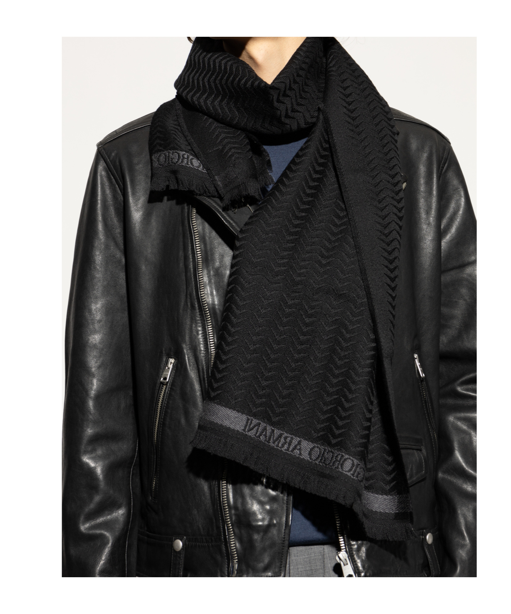 Giorgio Armani Herringbone Motif Black Scarf With Frayed Edges In Black