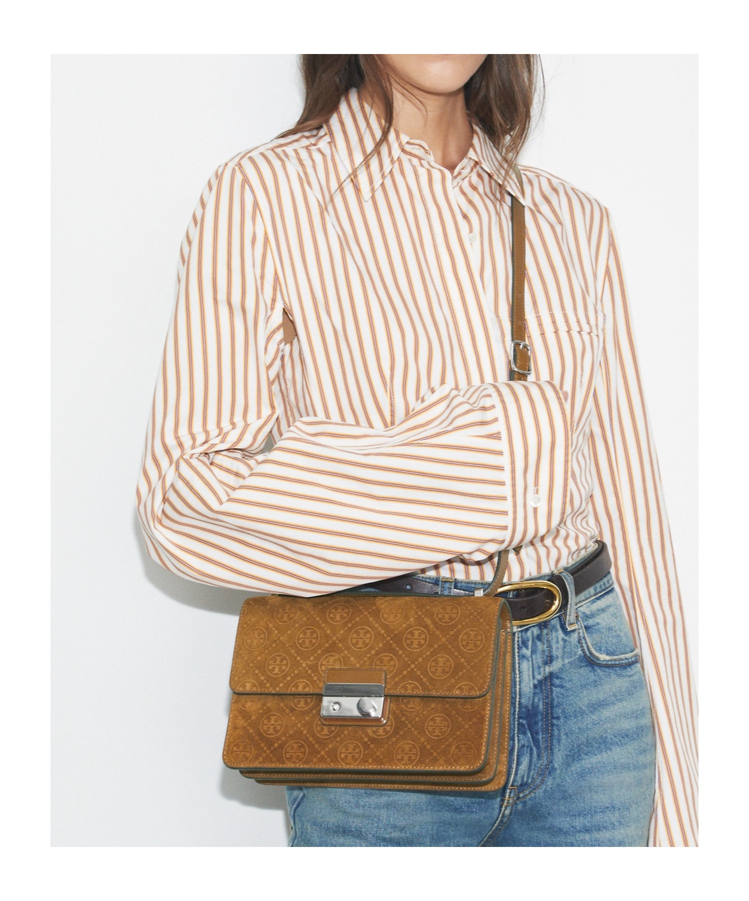 Tory Burch T Monogram Suede Shoulder Bag In Brown