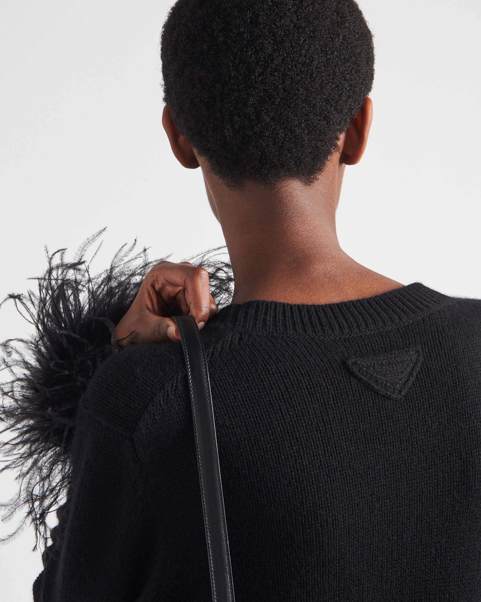 Prada Feather-trim Black Cashmere Cardigan With V-neck In Black