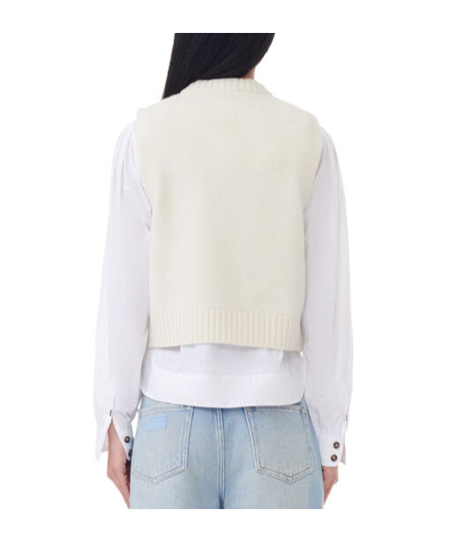 Ganni Beige Recycled Wool Blend Vest With Contrasting Front Logo In White