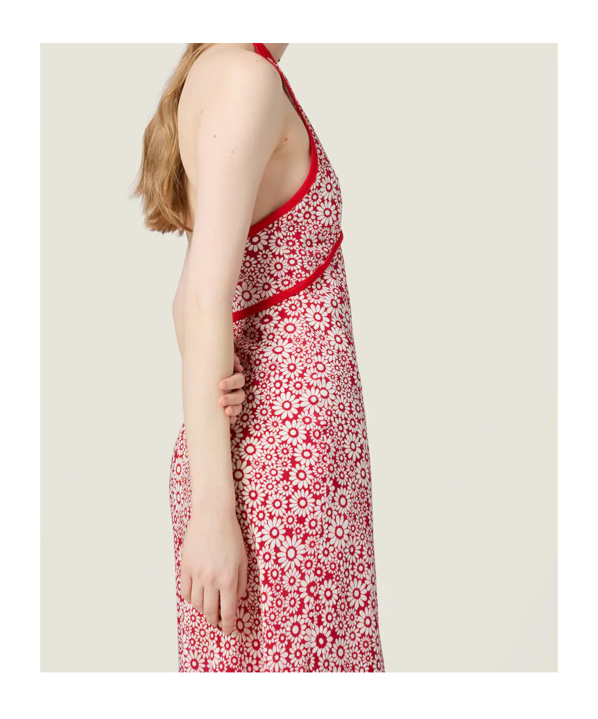 Miu Miu Long Floral Print Crepe De Chine Dress In Red