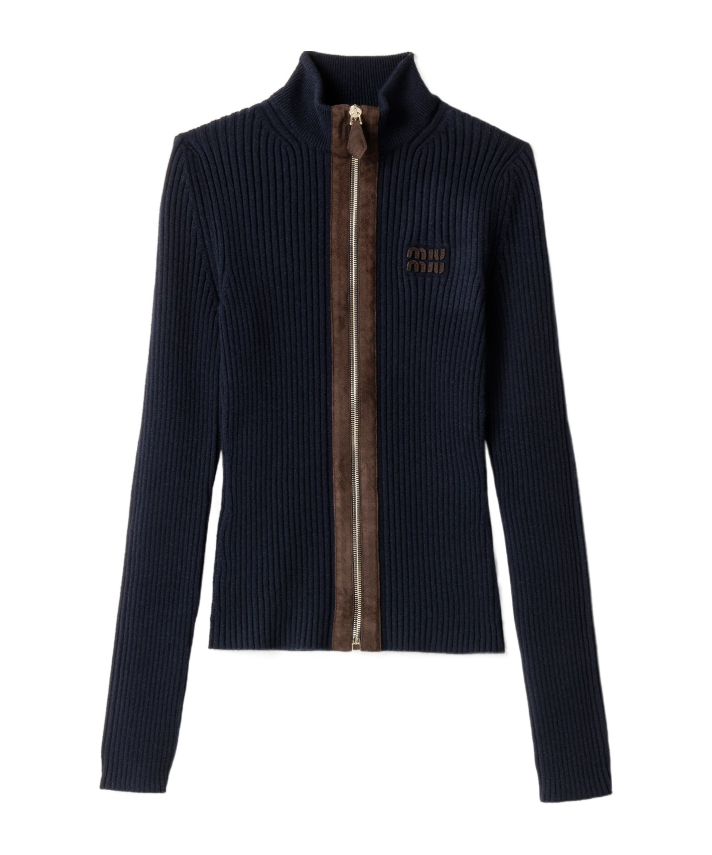 Miu Miu Cashmere And Leather Zipper Cardigan In Blue