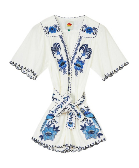 Farm Rio Blue Delicate Forest Richelieu Embroidered Lenzing Ecovero Euroflax Romper In White