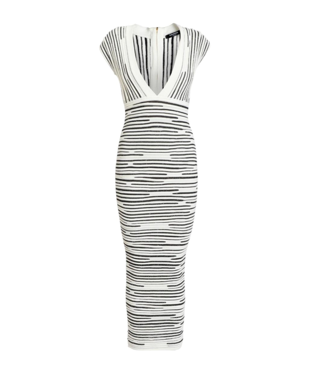 Balmain Sequined Sleeveless Zipper Midi Dress In White