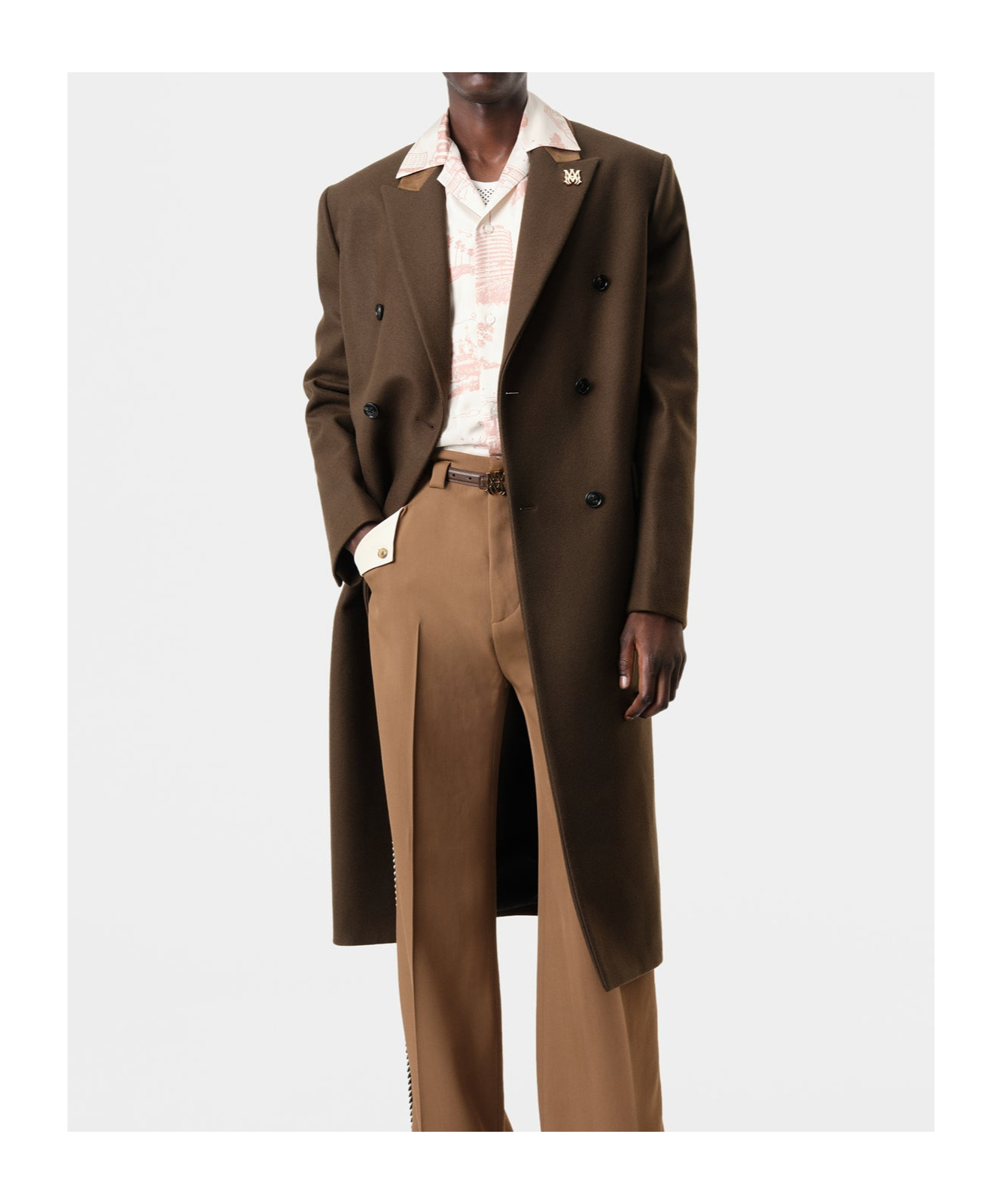 Amiri Wool Blend Double-breasted Coat With Suede Collar For Men In Brown
