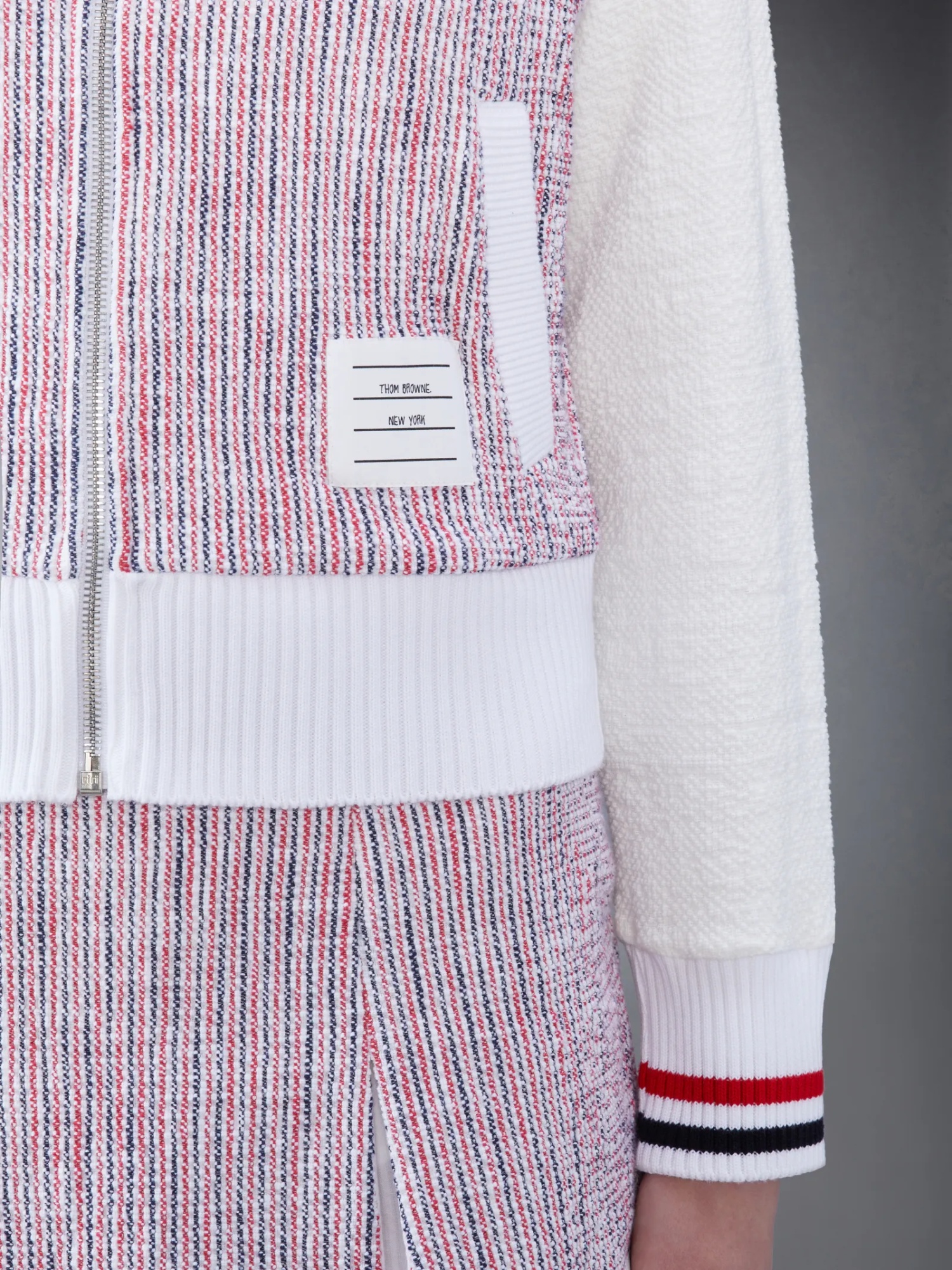 Thom Browne Rwb Stripe-print Tweed Jacket In White