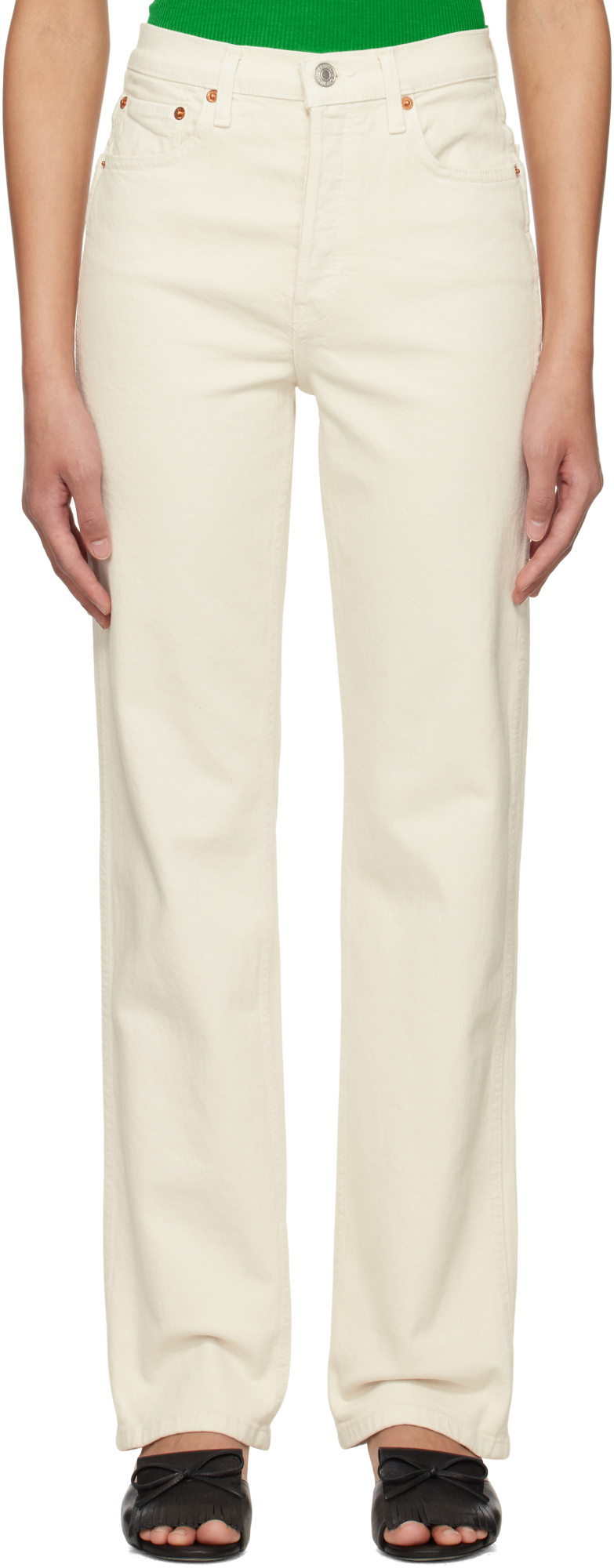 Re/done Originals High-rise Ankle Crop Frayed Skinny Jeans In White
