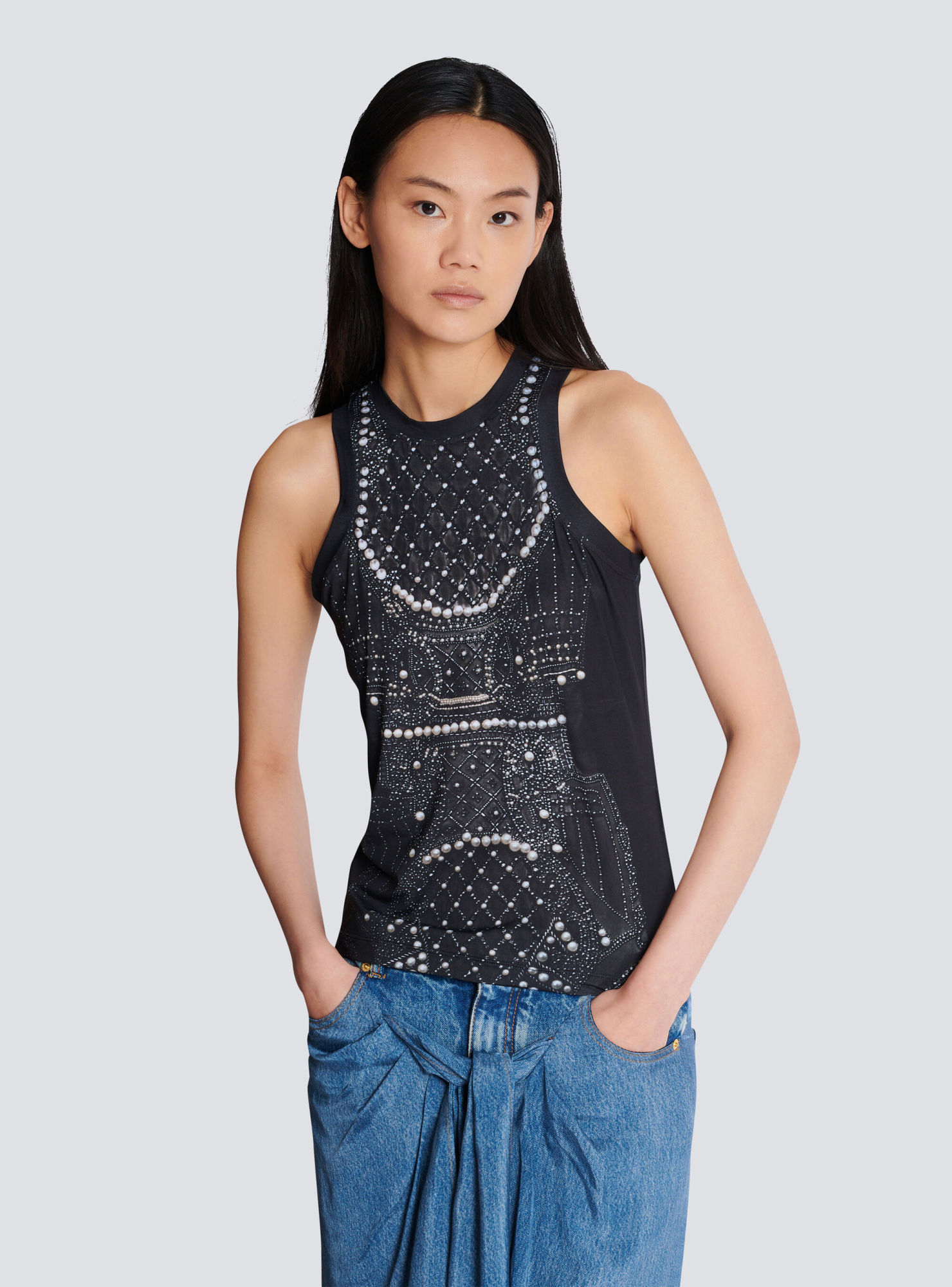 Balmain Soft Tank Top With Faux Embroidery Print In Black