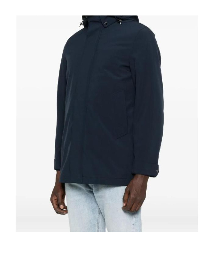 Woolrich Navy Blue Hooded Jacket With Concealed Fastening In Animal Print