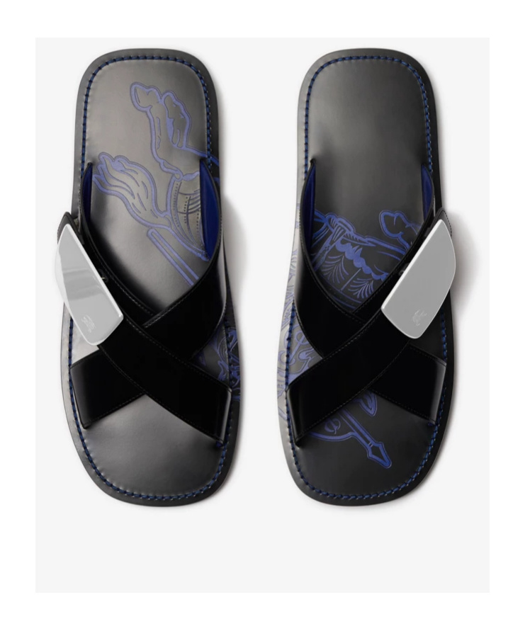 Burberry Stripe Shield Ekd Leather Sandals In Black