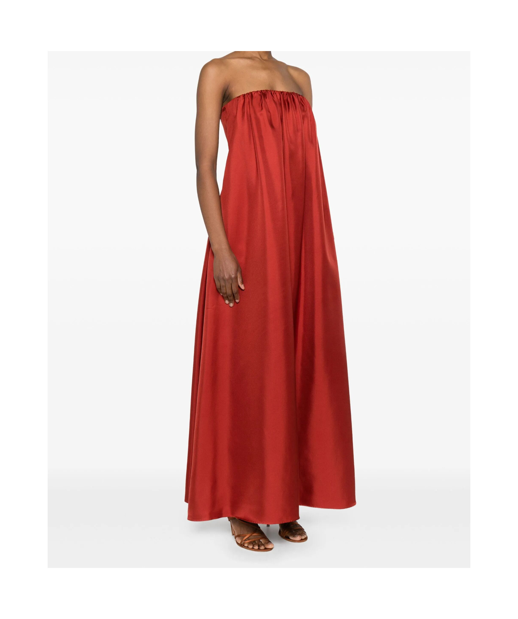 Max Mara Strapless Satin Floor-length Dress With Gathered Neckline In Red