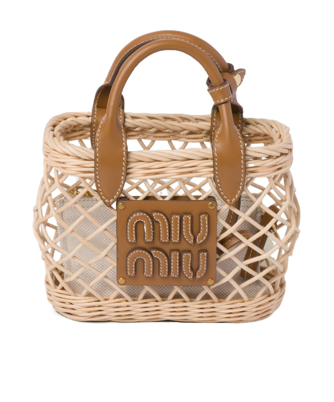 Miu Miu Woven Fabric Handbag With Leather Trim