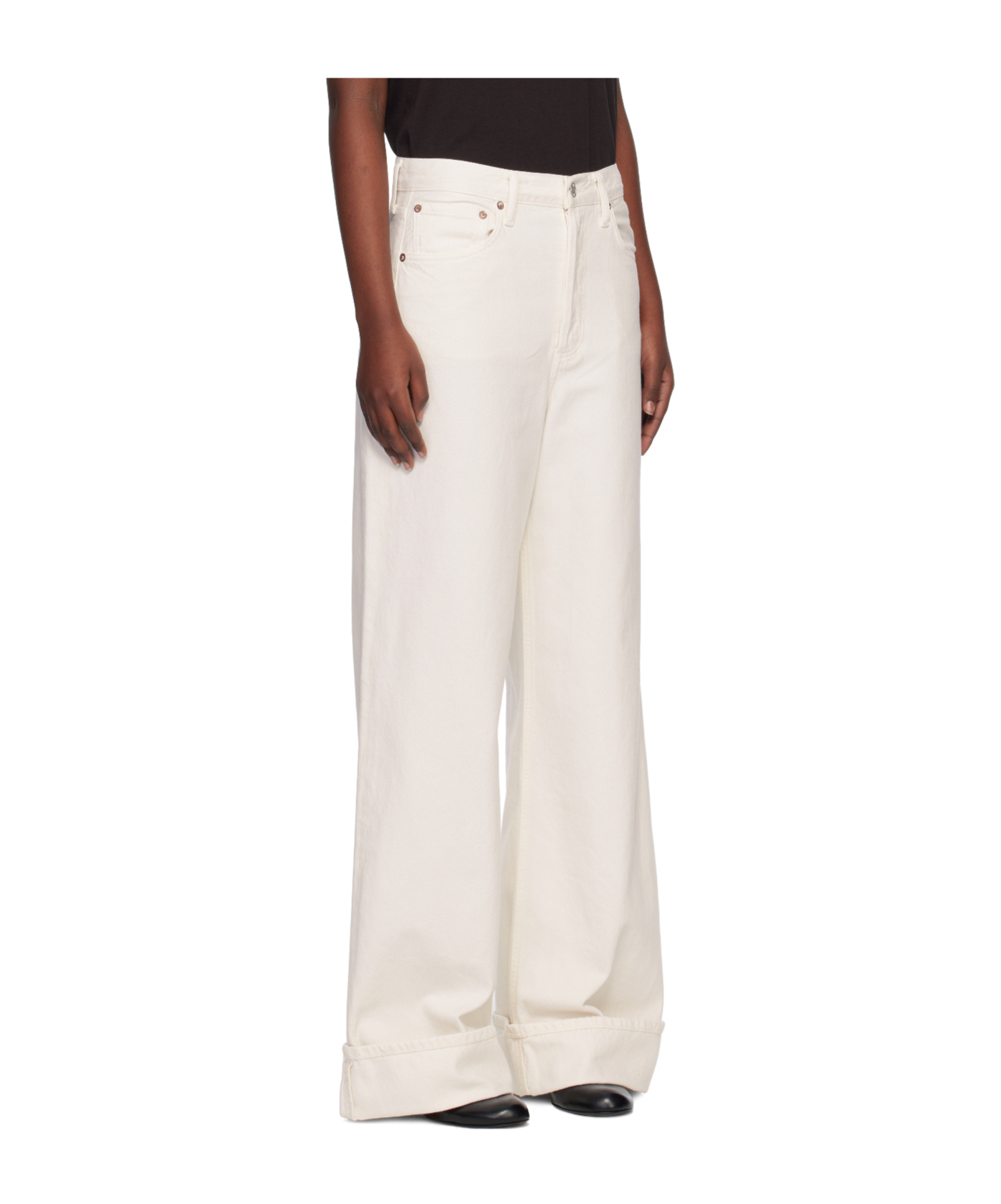 Agolde High Waist Cuffed Denim Trousers In White