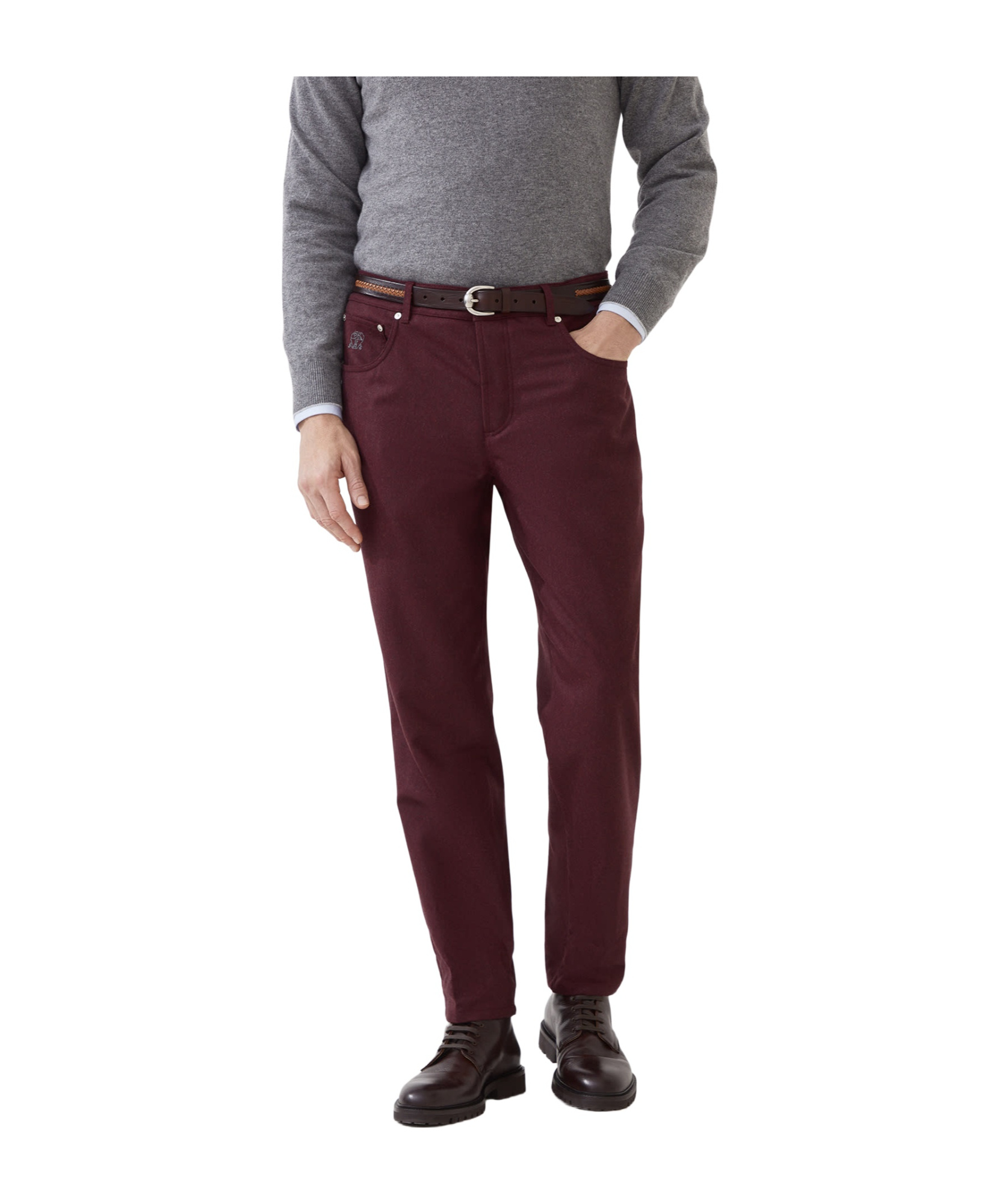 Brunello Cucinelli Five-pocket Virgin Wool Flannel Trousers In Burgundy