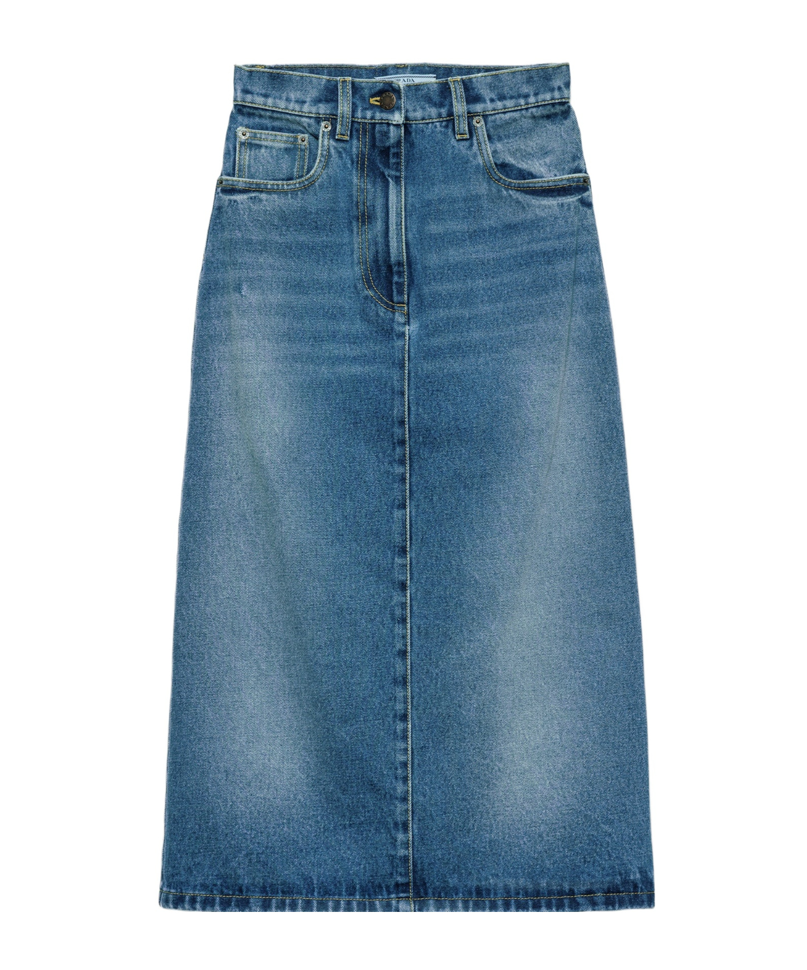Prada Womens Blue Flared Faded-wash Denim Midi Skirt In Light Blue