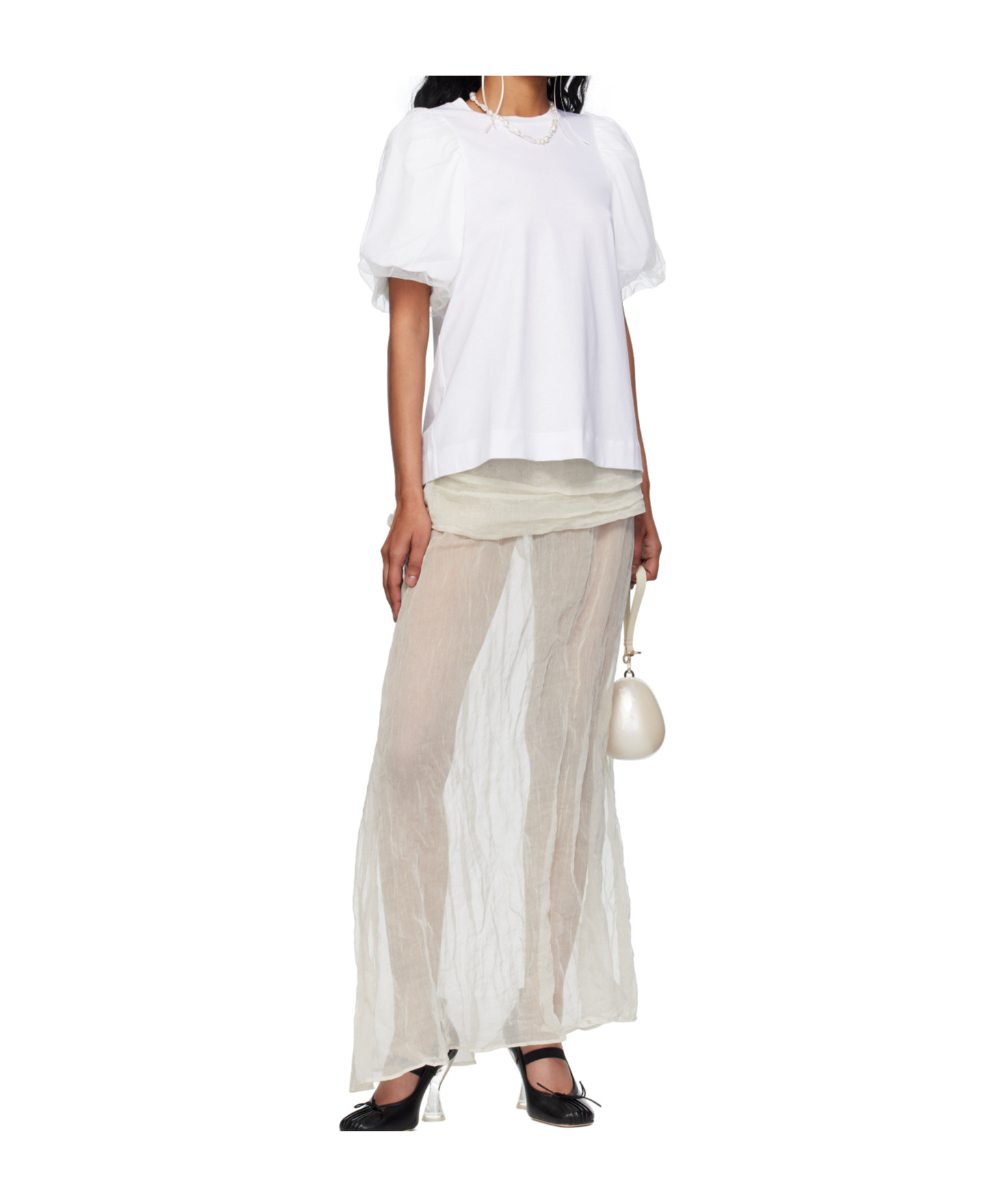 Simone Rocha White Tulle Overlay Puff Sleeve Frill T-shirt In Pattern