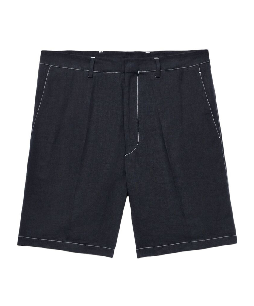Prada Mens Black Triangle-logo Tailored Linen Bermuda Shorts In Black