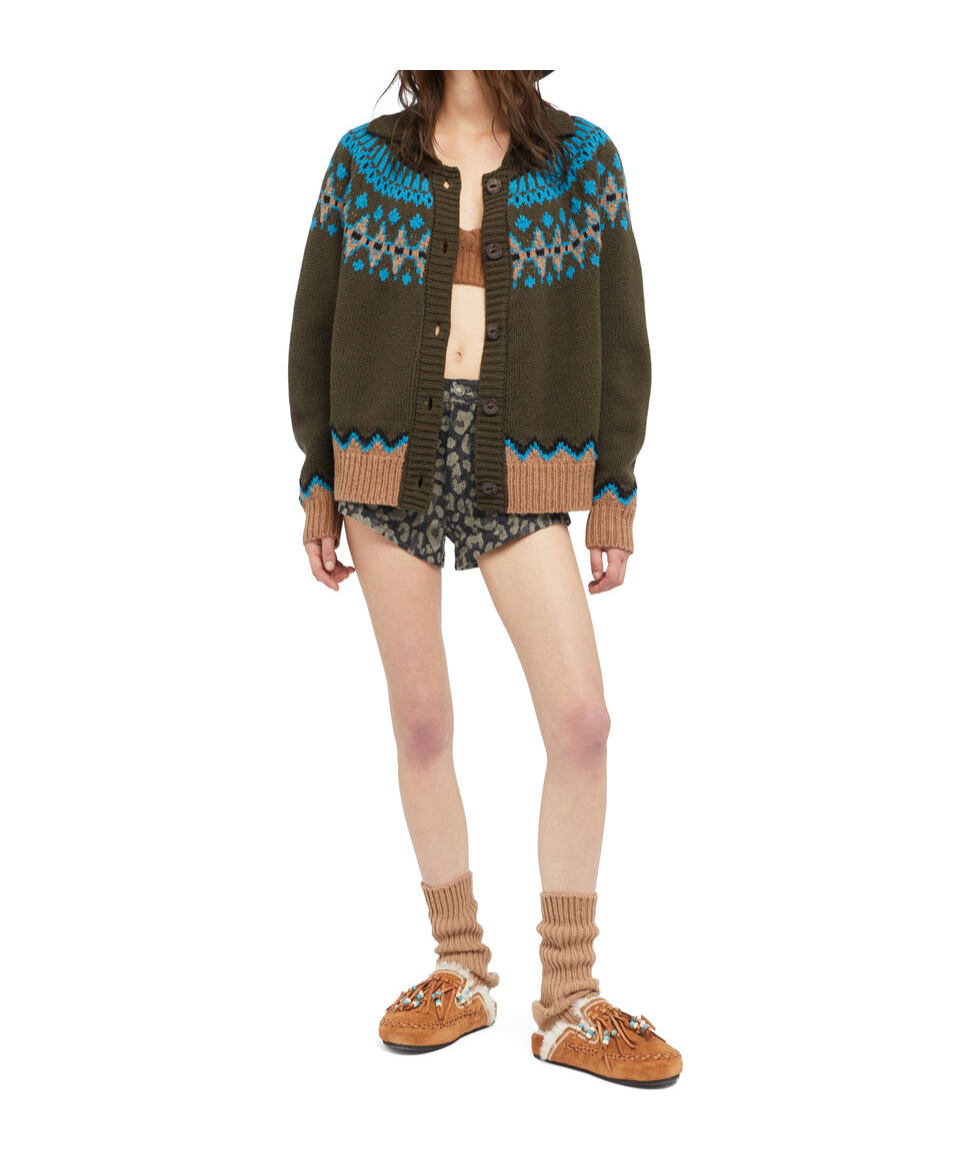 Alanui Olive Green Fair Isle Patterned Cardigan In Multi