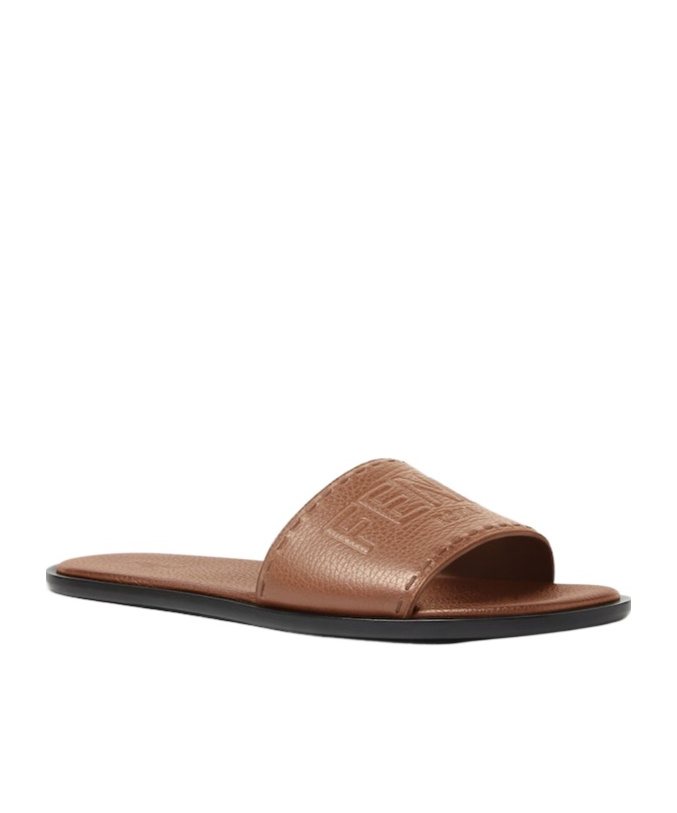 Fendi Brown Leather Slides In Brown