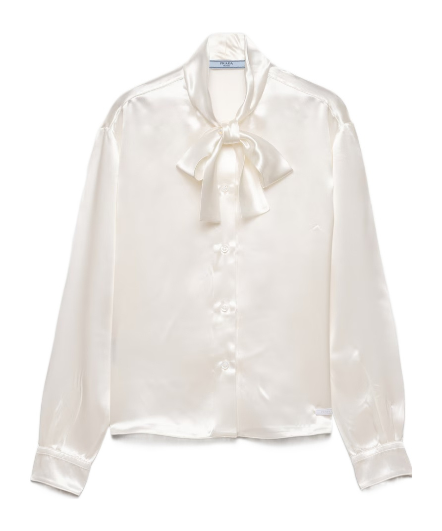 Prada Satin Bow-neck Button-down Blouse In White