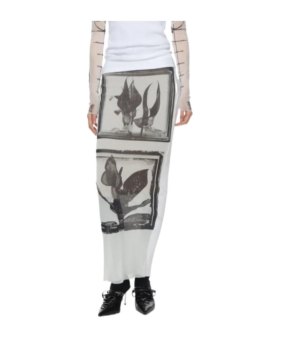 Jean Paul Gaultier Flowers Cadres Printed Mesh Long Skirt In White