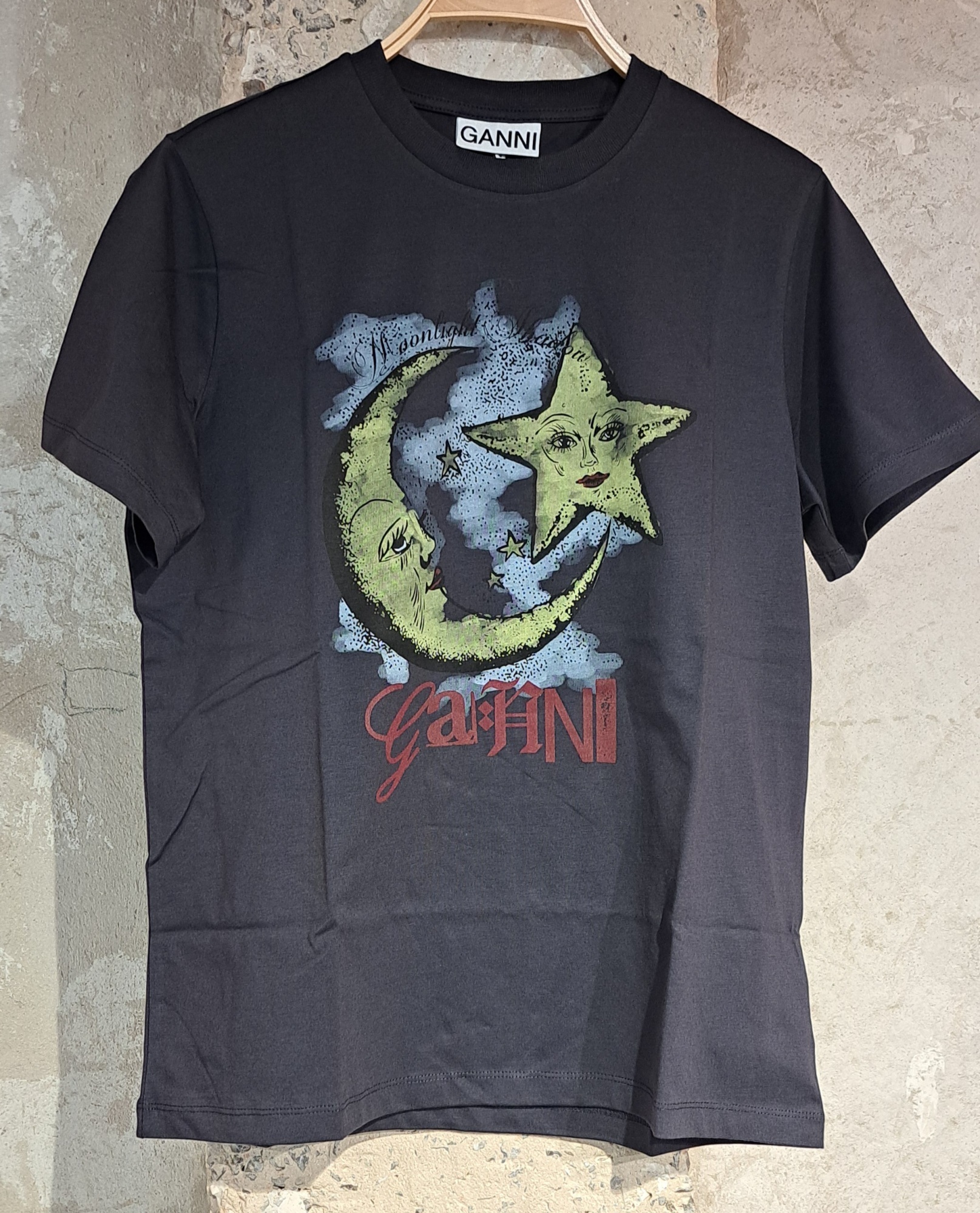 Ganni Blue Crewneck T-shirt With Maxi Logo Print On The Front In Cotton Man In Black