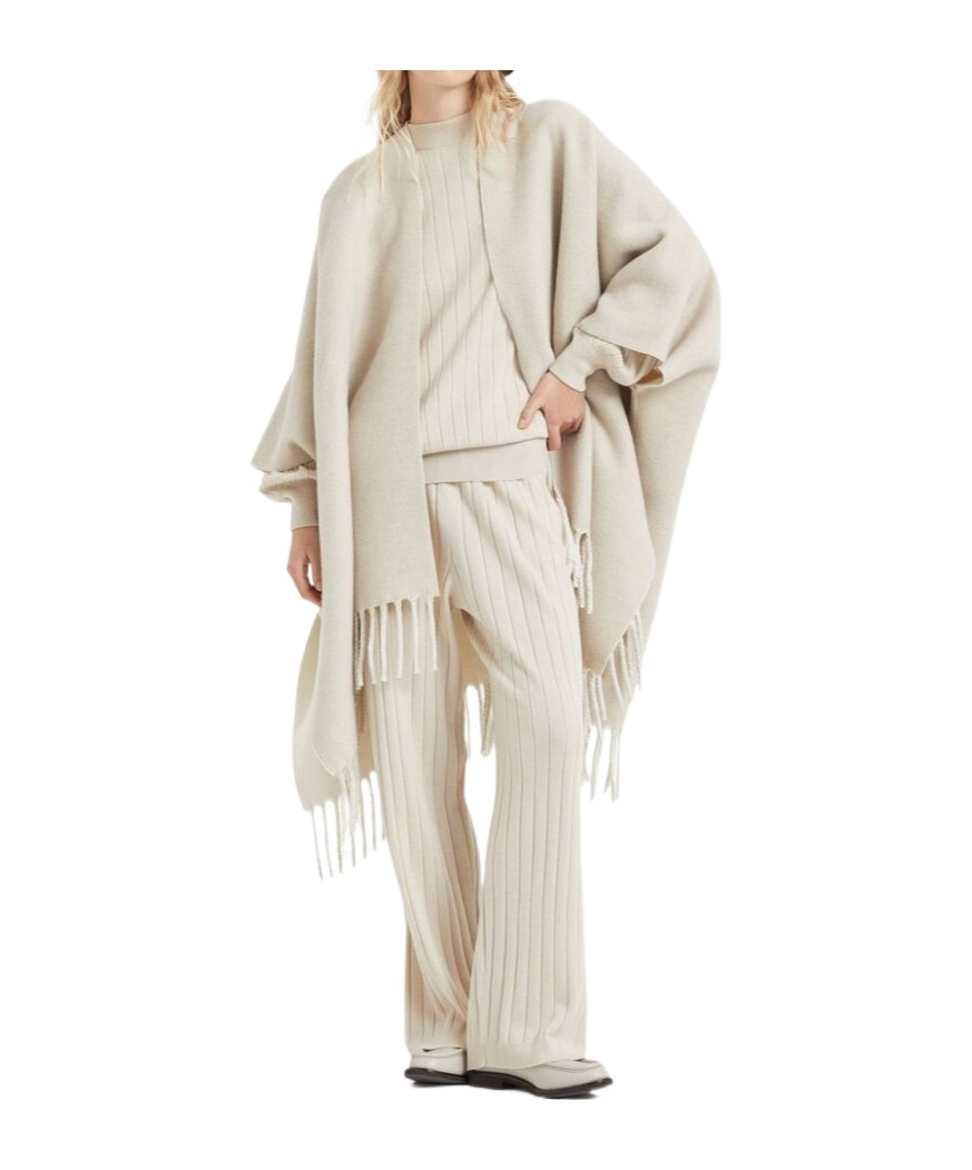 Brunello Cucinelli Gestricktes Cape Mit Fransensaum In White