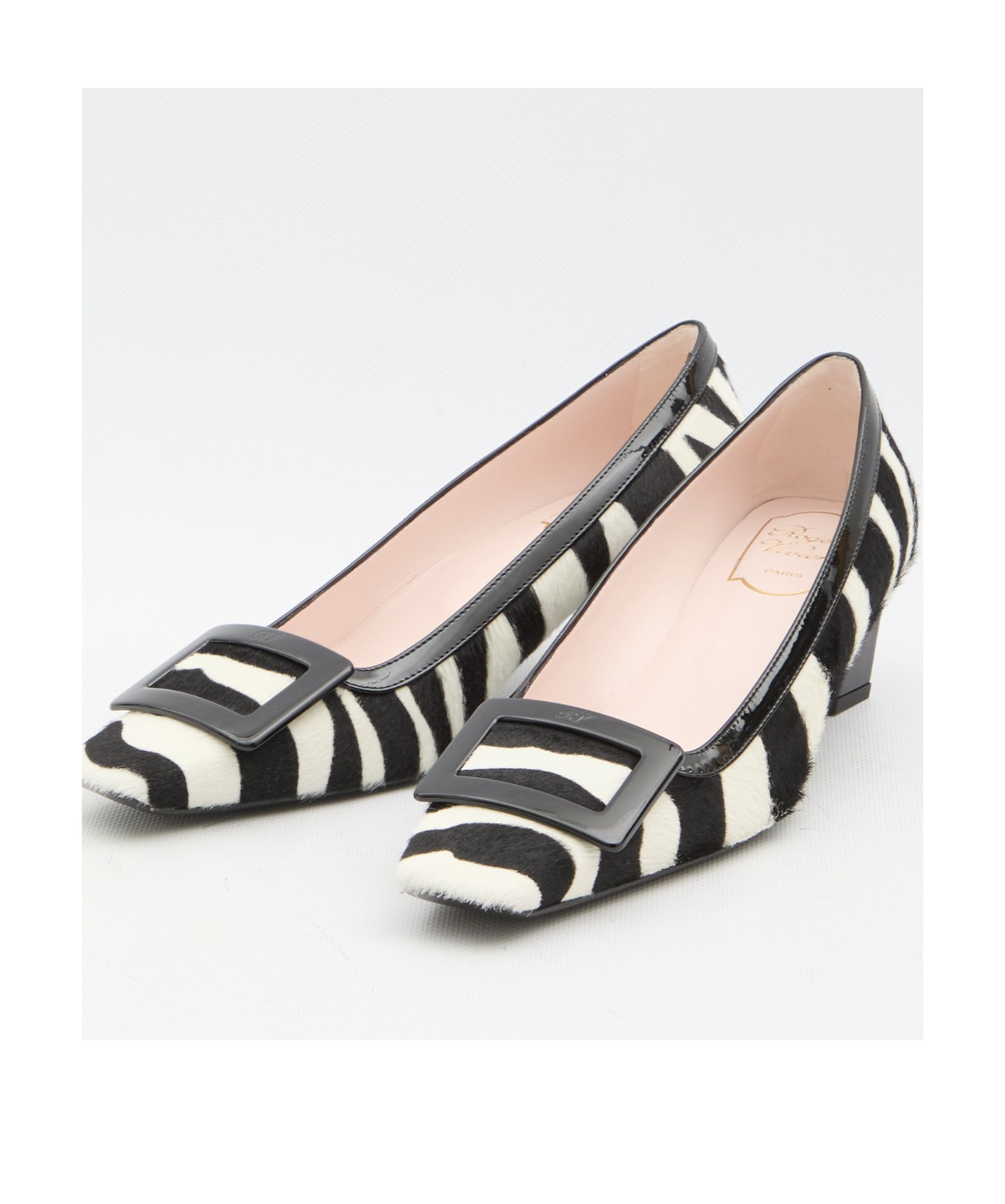 Roger Vivier Zebra Print Block Heel Square Toe Pumps In Black