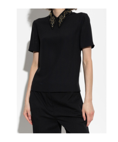 Versace Pointed Collar Black Shirt With Gold And Silver Embellishments In Black