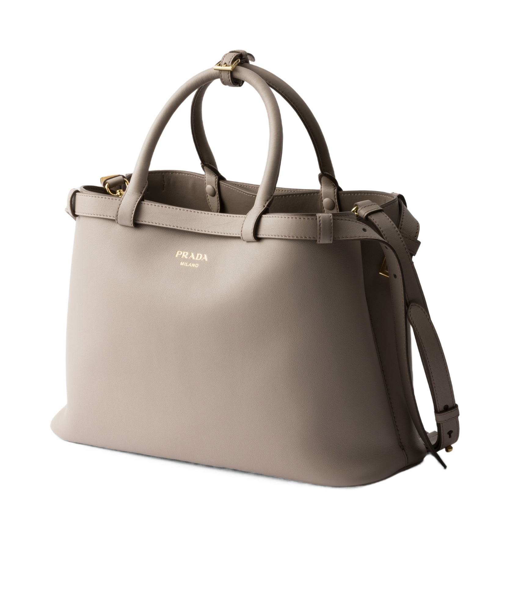 Prada Buckle Medium Leather Handbag With Double Belt In Gray
