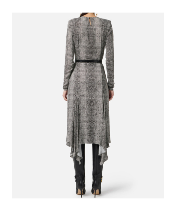 Elisabetta Franchi Python-print Belted Asymmetric Dress In Gray