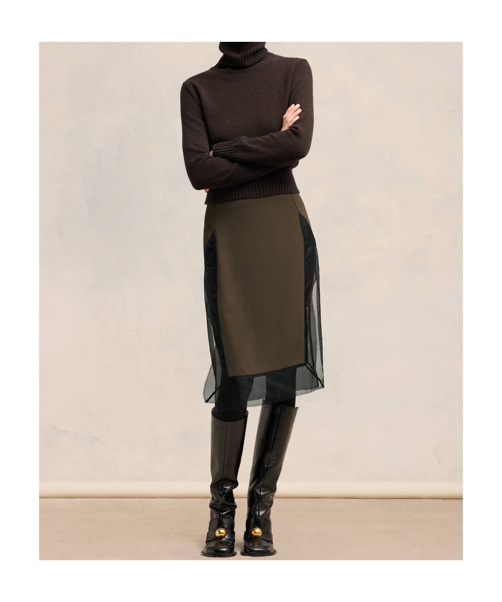 Ami Alexandre Mattiussi Tulle-panel Straight Skirt In Green